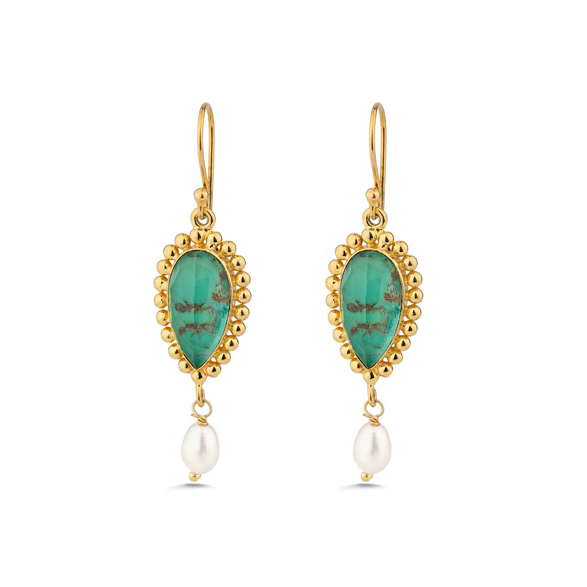 Green Copper & Pariba Dangle Earrings in 925 Sterling Silver & Gold Plating