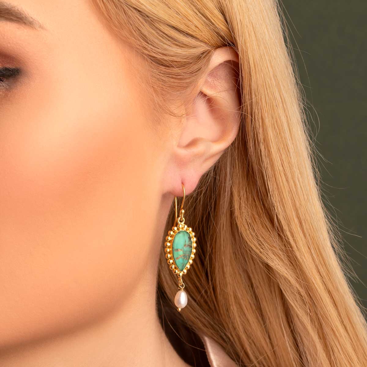 Green Copper & Pariba Dangle Earrings in 925 Sterling Silver & Gold Plating