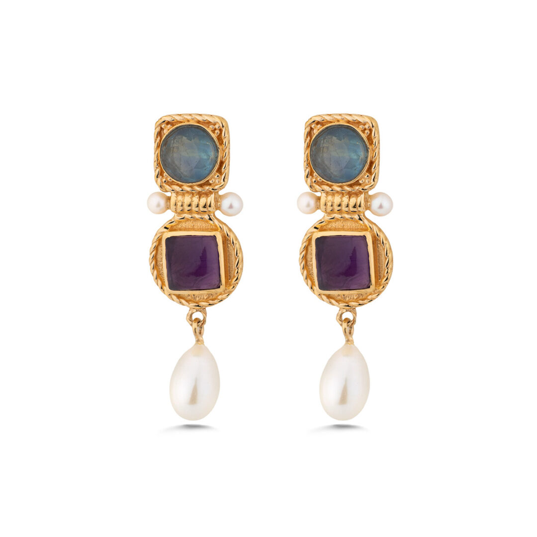 Apatite Amethyst and Pearl Drop Earrings in 925 Silver Gold Plated
