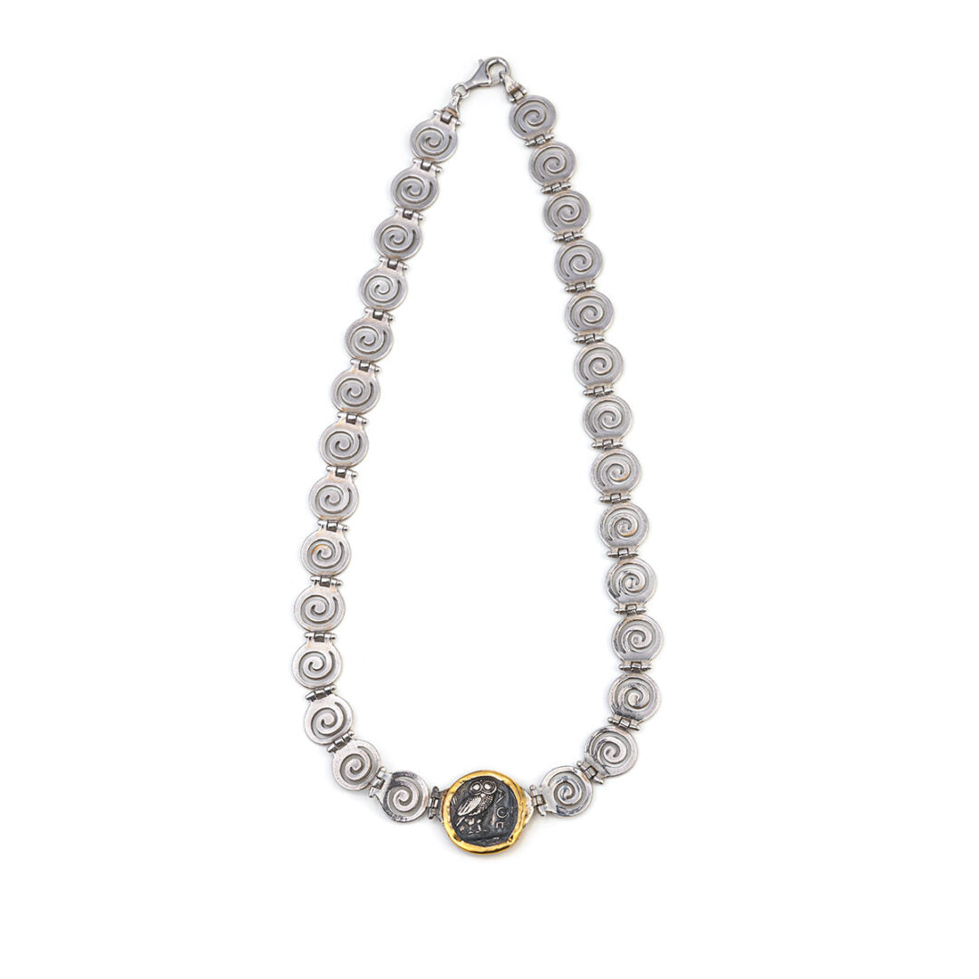 Athena Greek Coin Spiral Necklace - Sterling Silver and Gold
