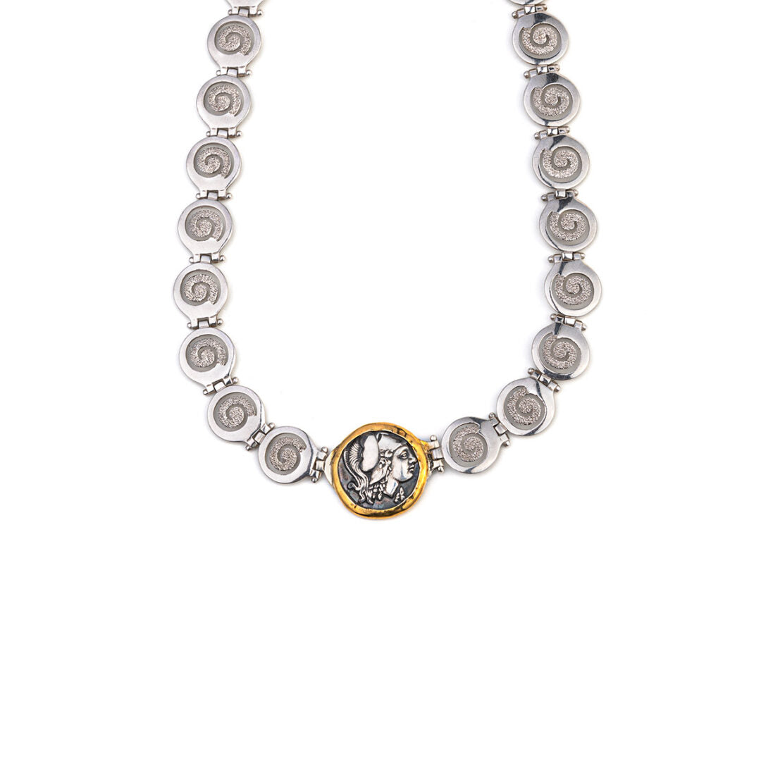 Athena Greek Coin Spiral Necklace - Sterling Silver and Gold