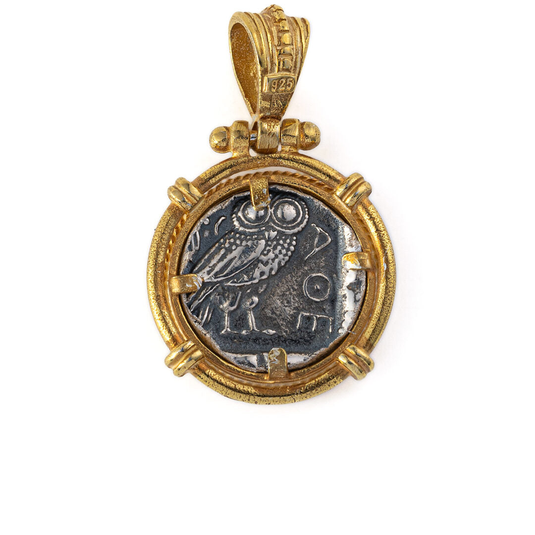 Goddess Athena and Owl Pendant - Sterling Silver Gold Plated
