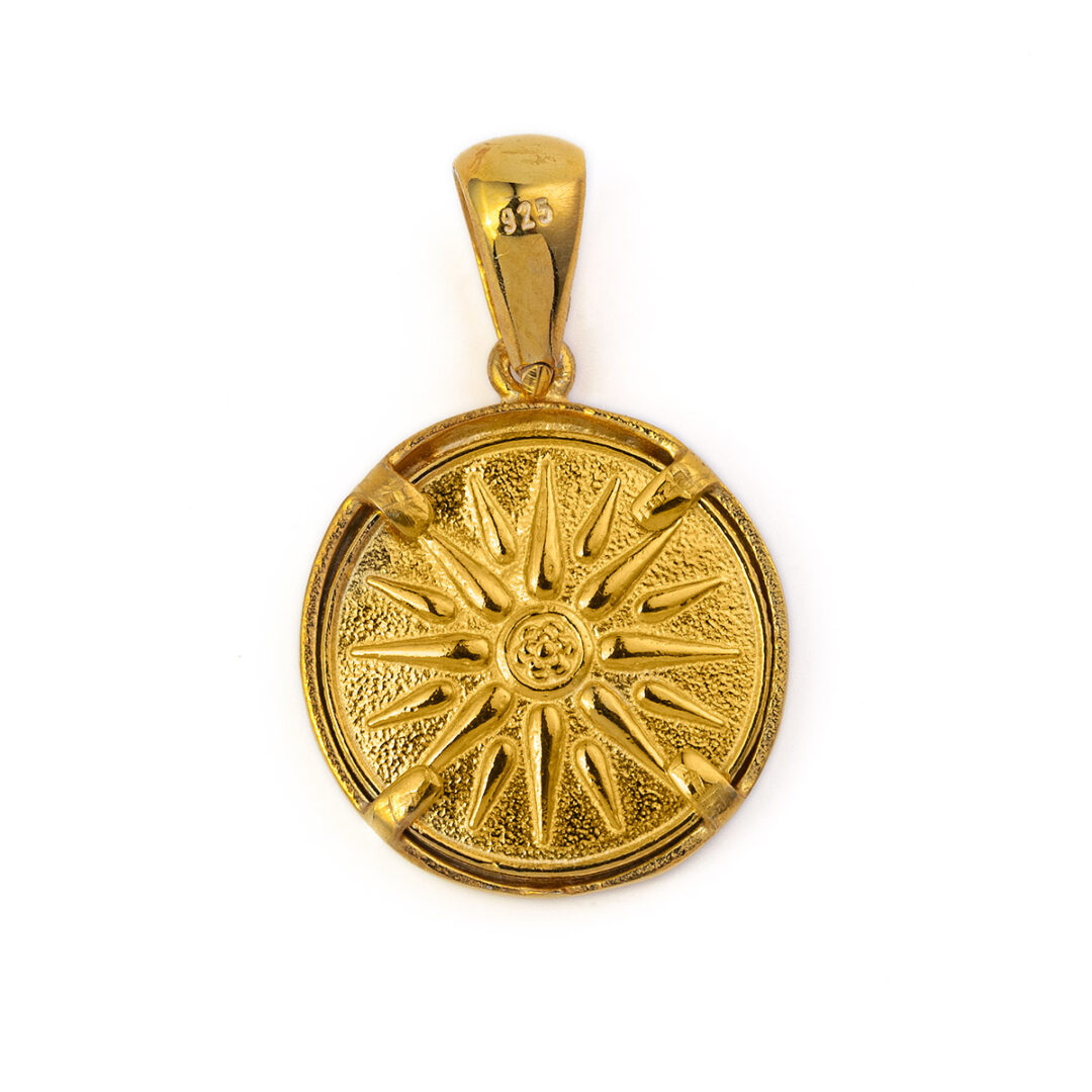 Minoan Phaistos Disc Pendant and Vergina Sun – 925 Sterling Silver Gold Plated