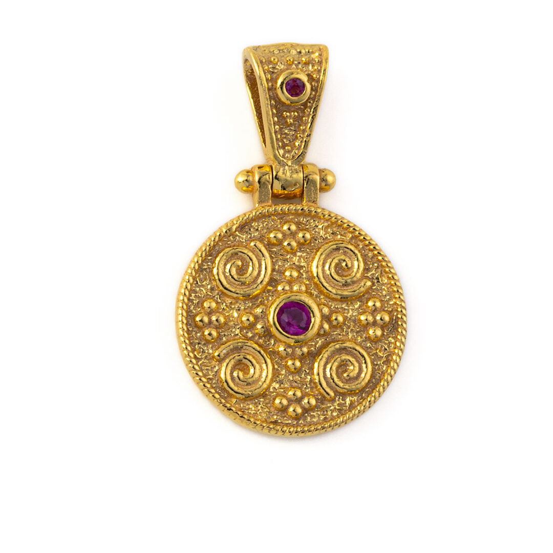 Byzantine Round Zircon Pendant - 925 Sterling Silver Gold Plated