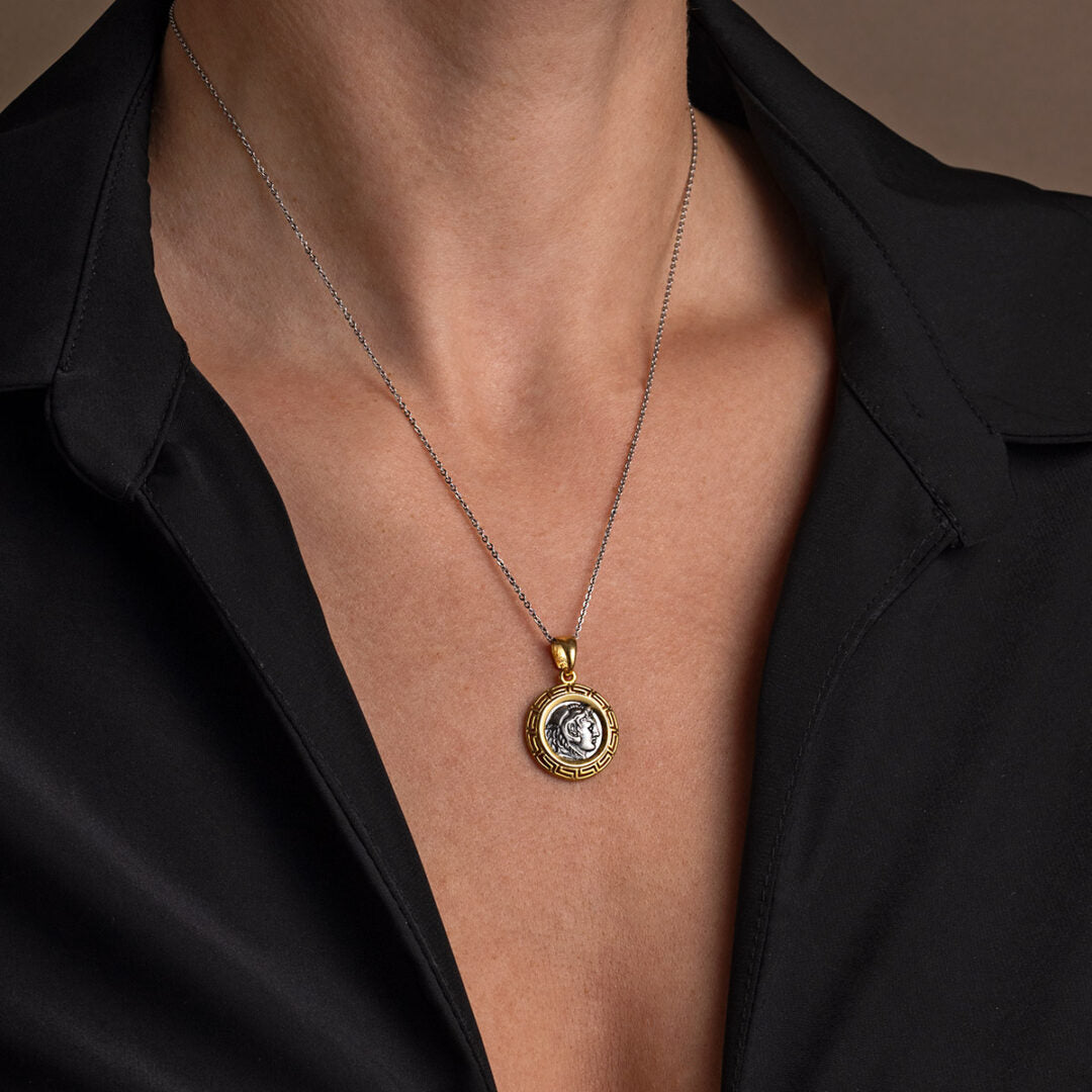 Hercules Pendant with Meander Bezel - 925 Sterling Silver Gold Plated
