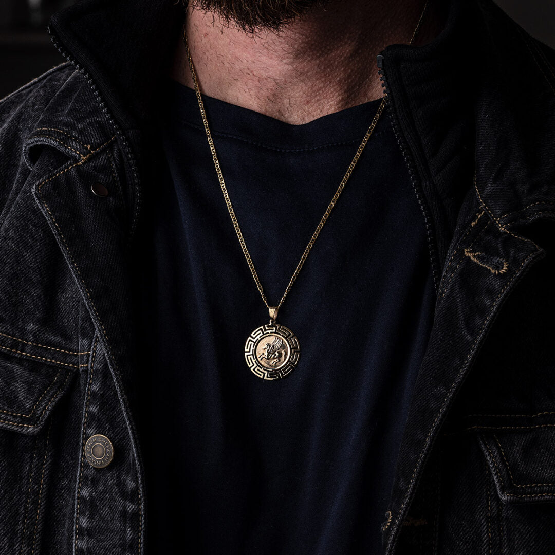 Pegasus Coin Pendant Meander Bezel 14K Gold