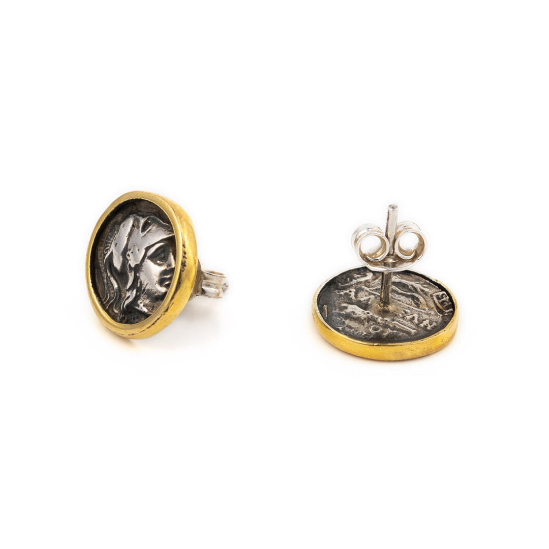 Ancient Greek Goddess Athena Coin Stud Earrings - Sterling Silver and Gold Plated