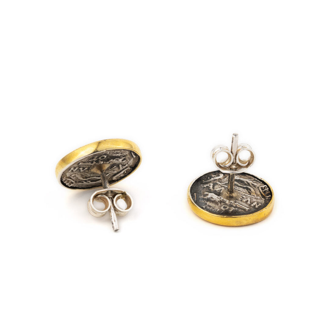 Ancient Greek Goddess Athena Coin Stud Earrings - Sterling Silver and Gold Plated