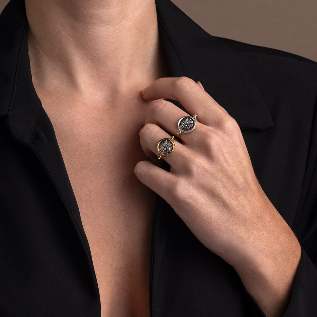 Athena Chalinitis Swivel Flip Coin Ring – Sterling Silver Gold Plated