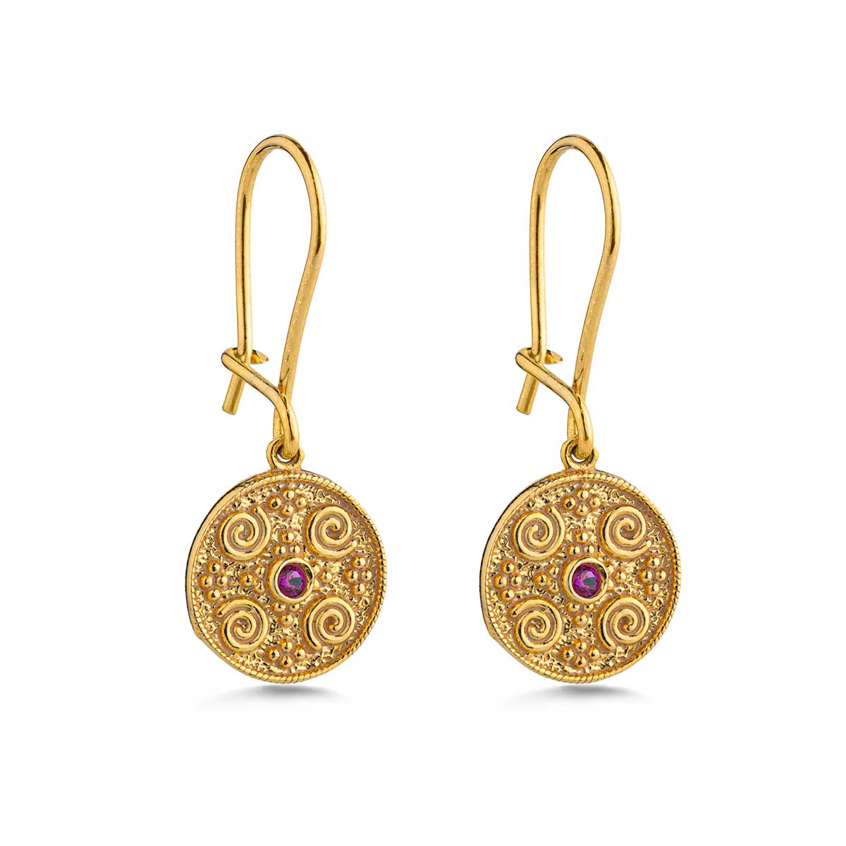 Byzantine Round Dangle Earrings in 925 Sterling Silver Gold Plated and Zircon Stone