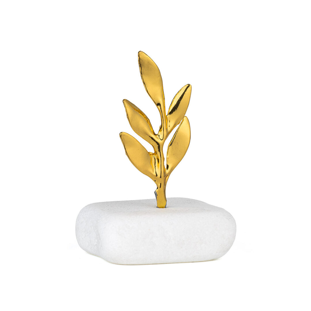 Gold-Plated Olive Branch Decorative Sculpture on Thassos Marble