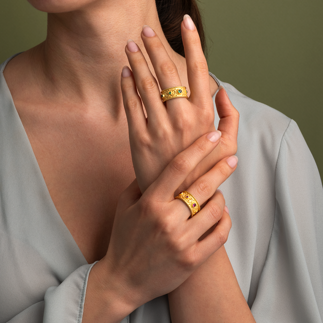 Byzantine Style Ring with Zircon Stones - Sterling Silver and 18K Gold Plating