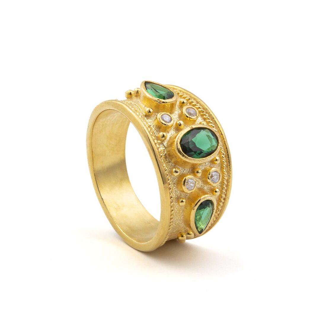 Byzantine Ring with Green Zircon - Sterling Silver and 18K Gold Plating
