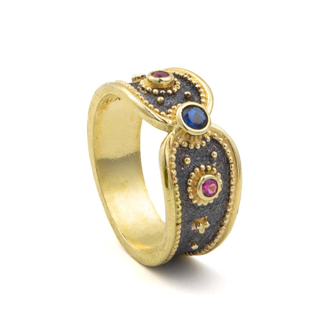 Two Tone Byzantine Ring with Zircon - Sterling Silver and 18K Gold Plating