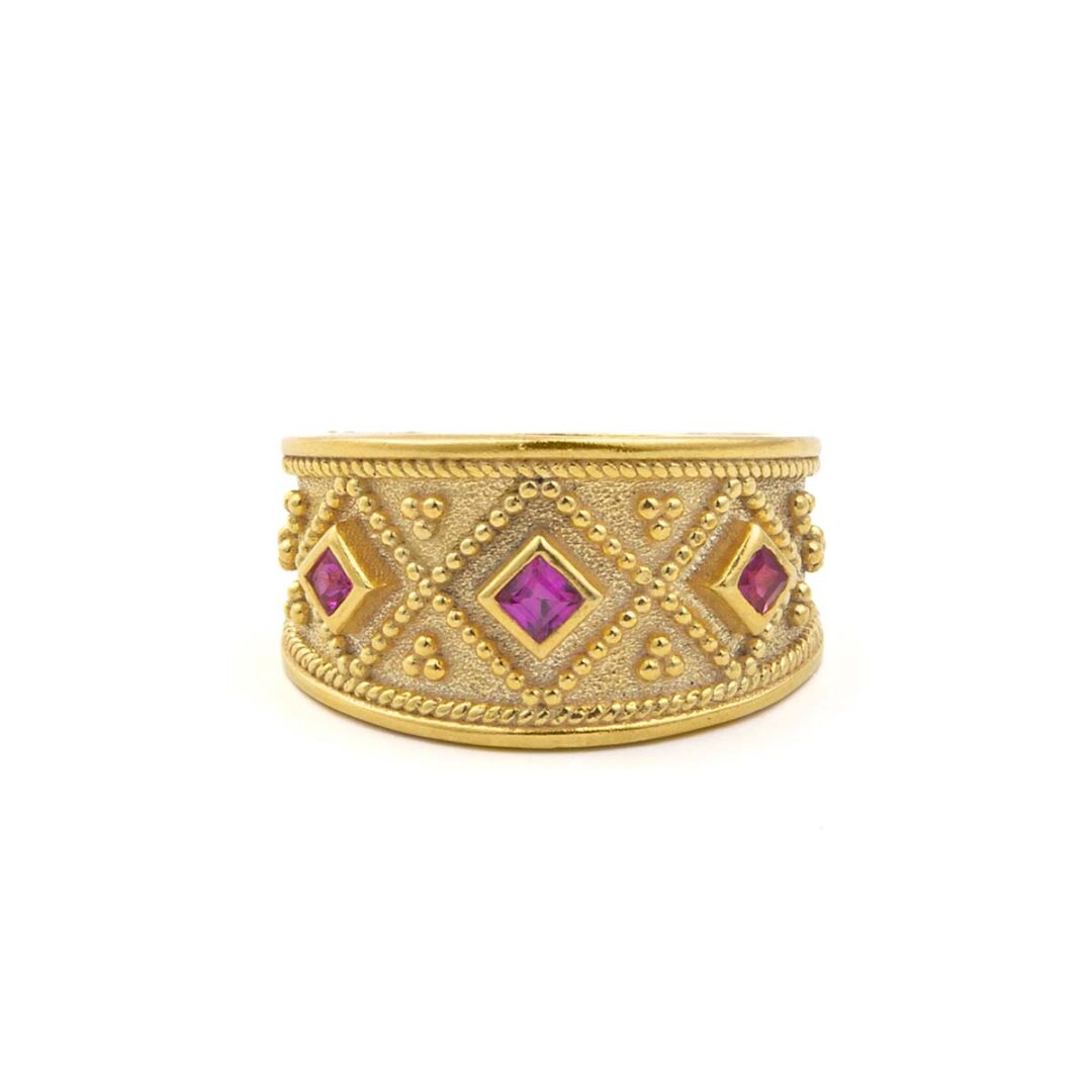Byzantine Ring with Red Zircon Stones - Sterling Silver and 18K Gold Plating