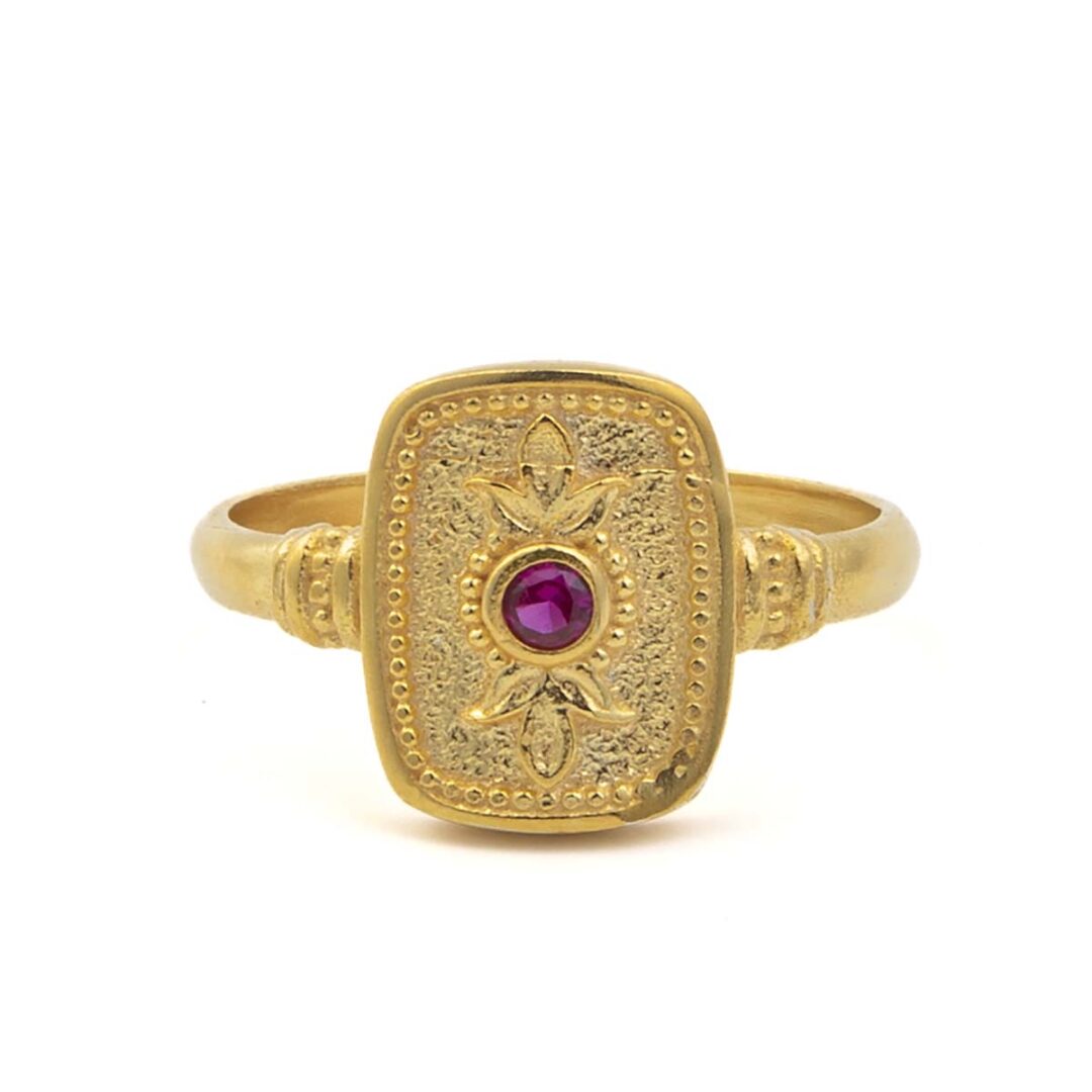Byzantine Square Ring with Zircon - Sterling Silver and 18K Gold Plating
