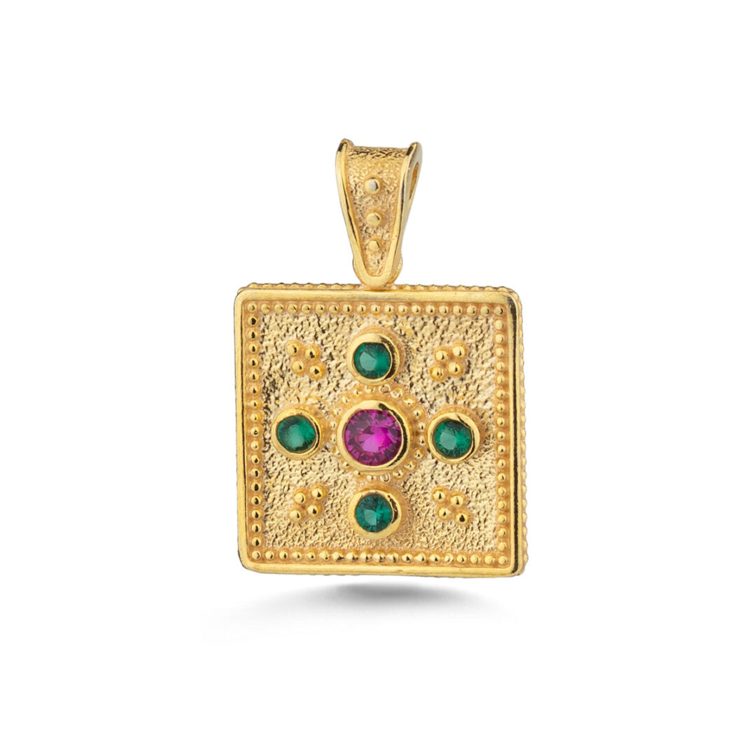 Square Byzantine Zircon Pendant in 925 Sterling Silver Gold Plated
