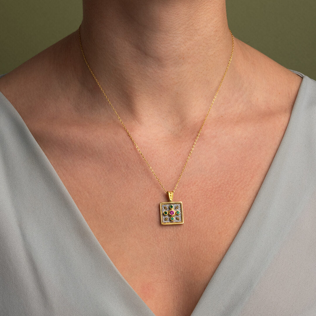 Byzantine Square Pendant with Multicolor Zircon Stone