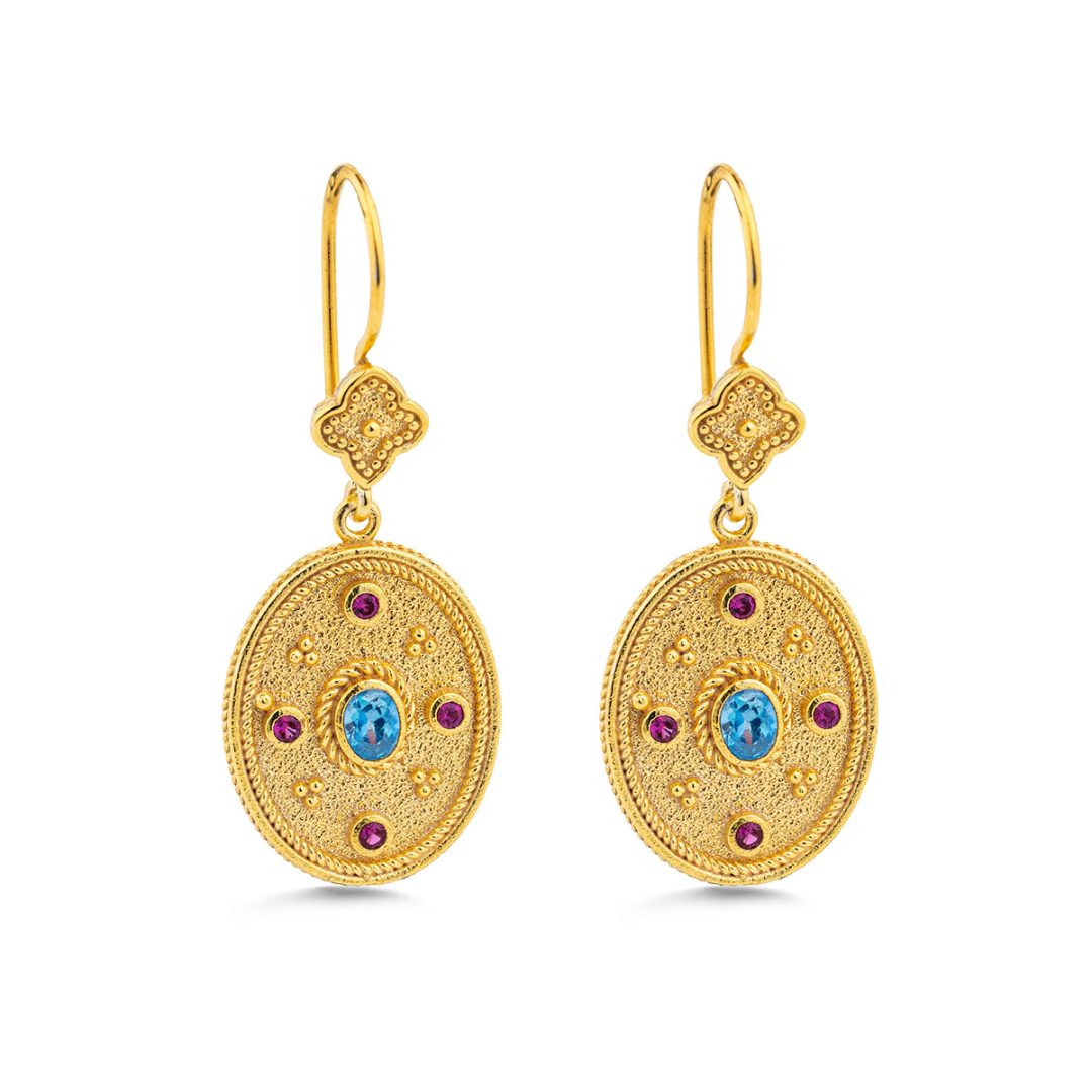 Byzantine Dangle Oval Earrings with Zircon — Blue