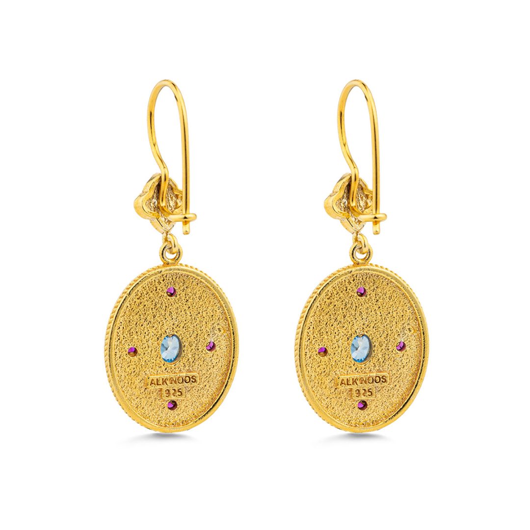 Byzantine Dangle Oval Earrings with Zircon — Blue