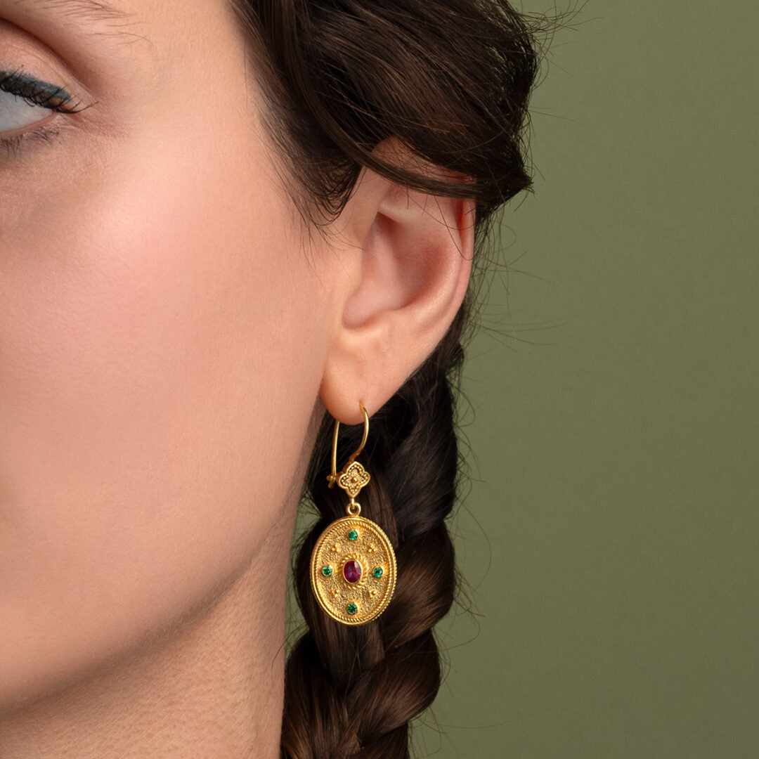 Byzantine Dangle Oval Earrings with Zircon — Blue