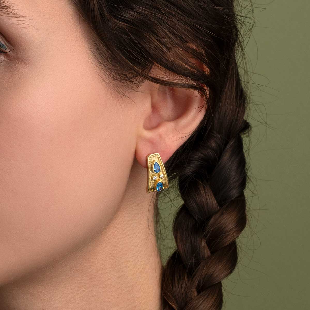 Byzantine Earrings with Blue Zircon - 925 Sterling Silver and 18K Gold Plating