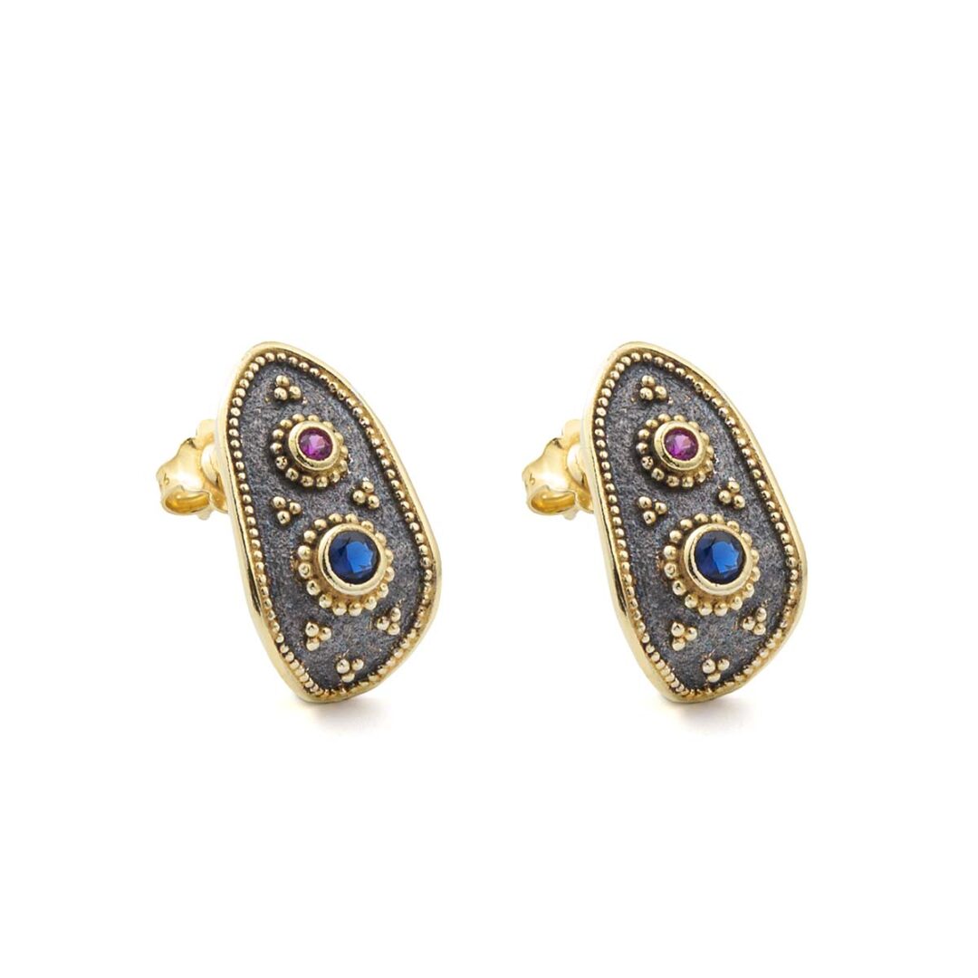 Two Tone Byzantine Stud Earrings with Zircon