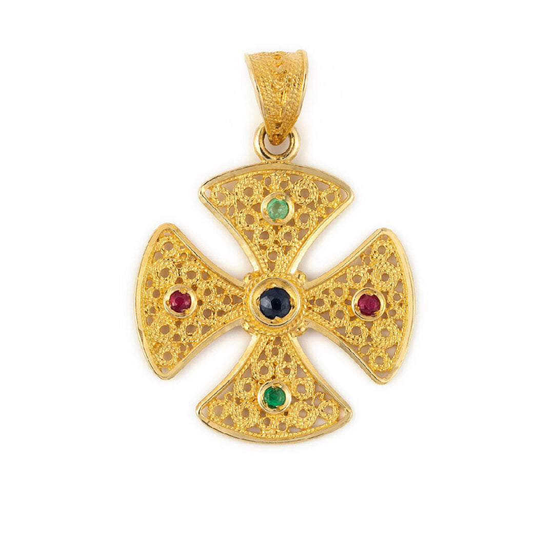Byzantine Cross in 18K Gold with rubies emeralds and sapphires