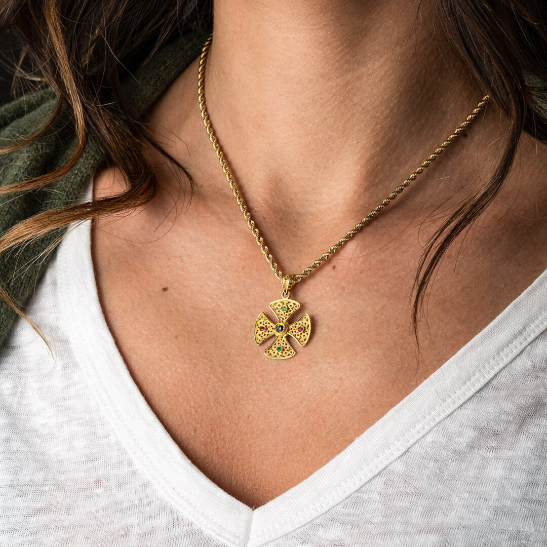 Byzantine Cross in 18K Gold with rubies emeralds and sapphires