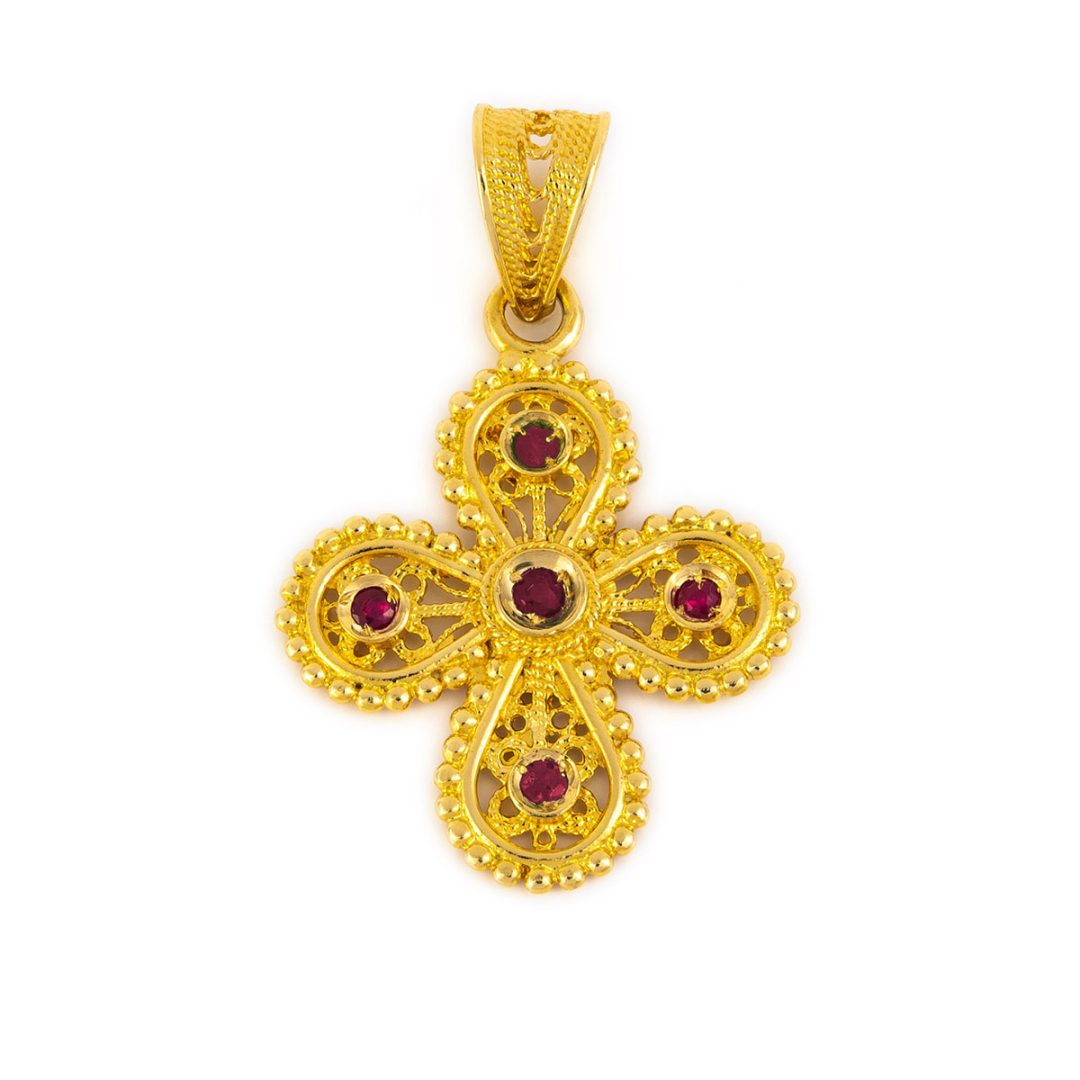 18K Gold Filigree Cross with rubies, emeralds and sapphires