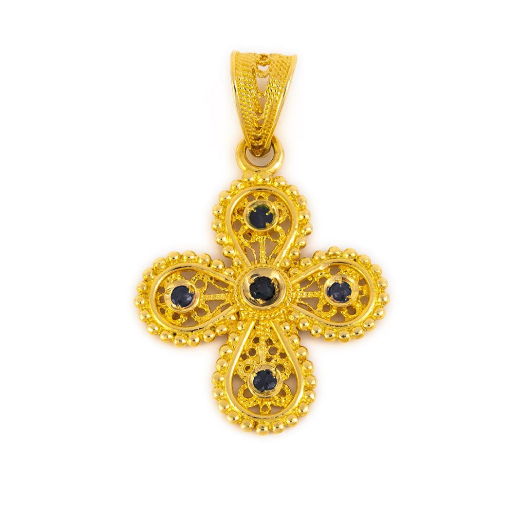 18K Gold Filigree Cross with rubies, emeralds and sapphires