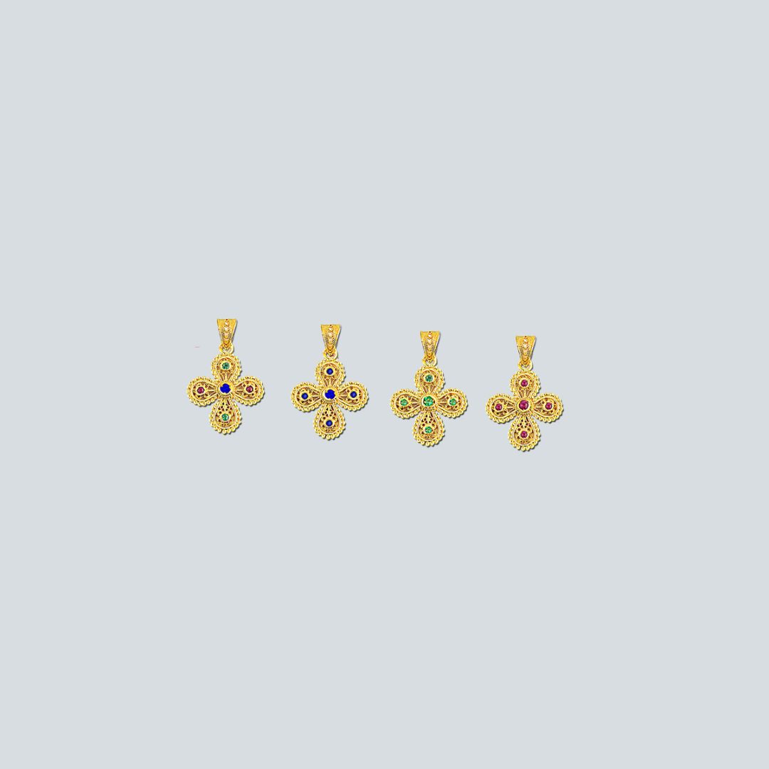 18K Gold Filigree Cross with rubies, emeralds and sapphires