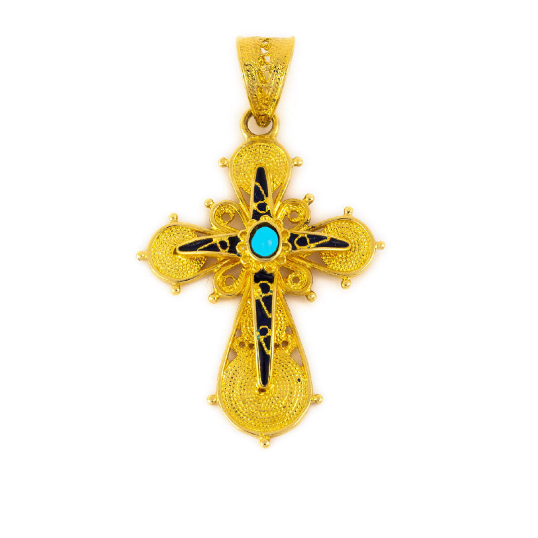 18K Gold Filigree Cross with turquoise and red enamel — Blue