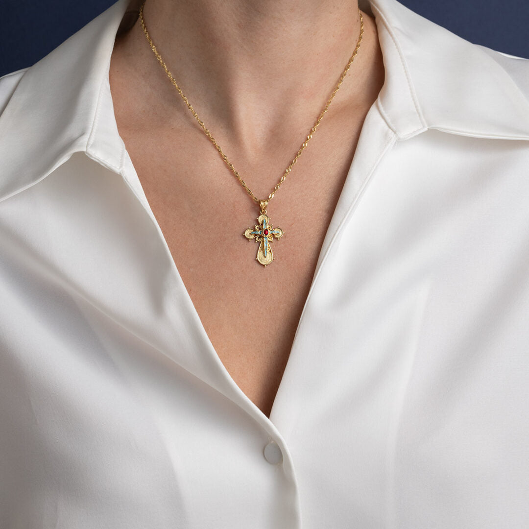18K Gold Filigree Cross with turquoise and red enamel — Blue