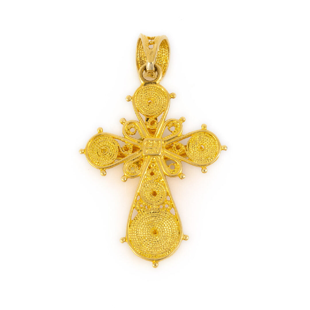 18K Gold Filigree Cross with turquoise and red enamel — Blue