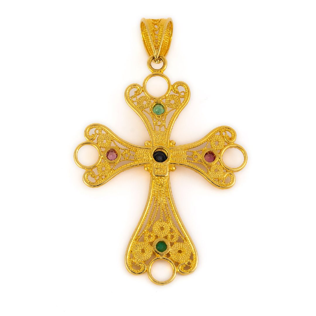 18K Solid Gold Filigree Multi precious Cross