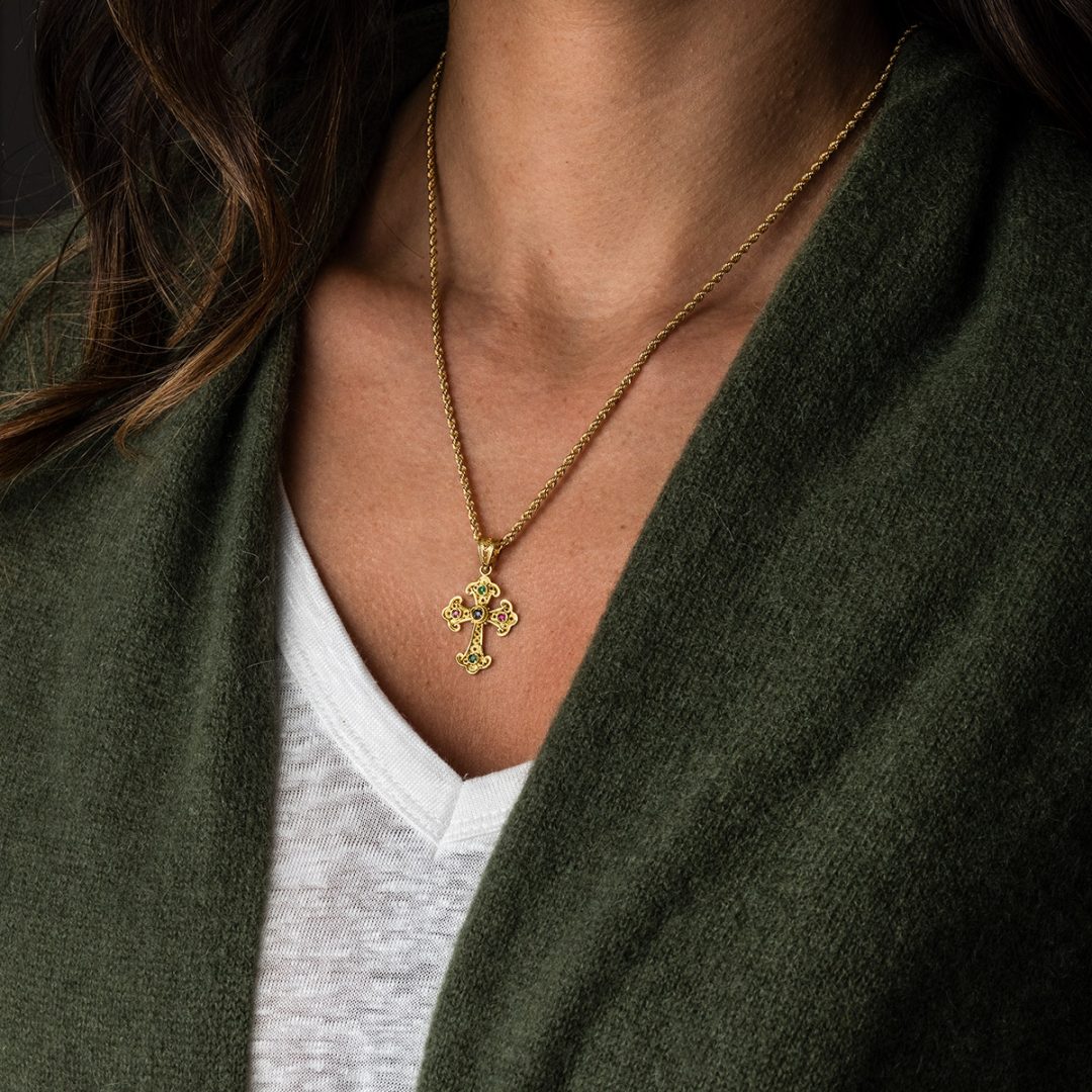 Multi precious Cross in 18K Gold