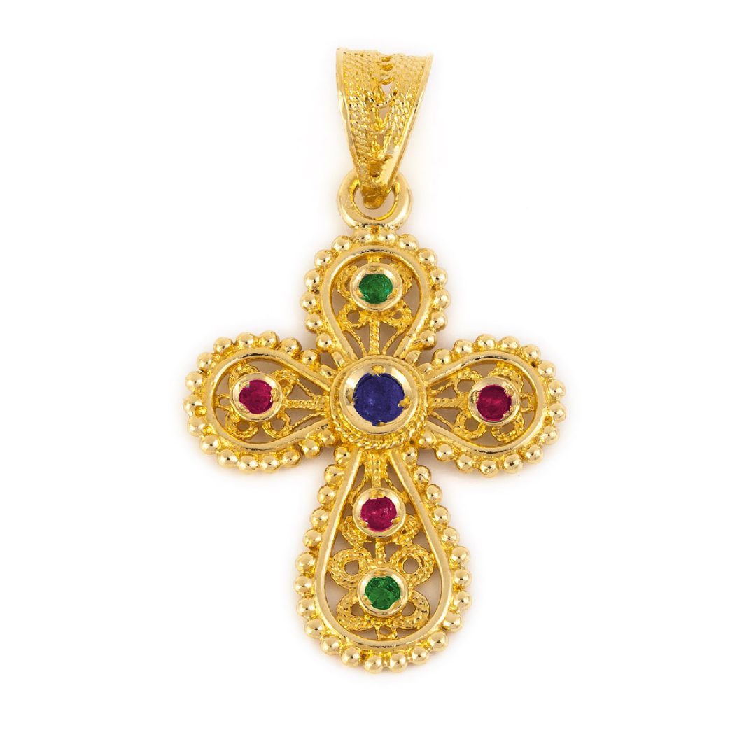 18K Gold Filigree Cross with Emeralds