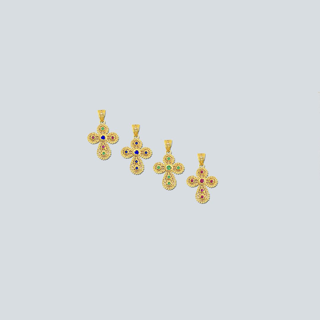 18K Gold Filigree Cross with Emeralds