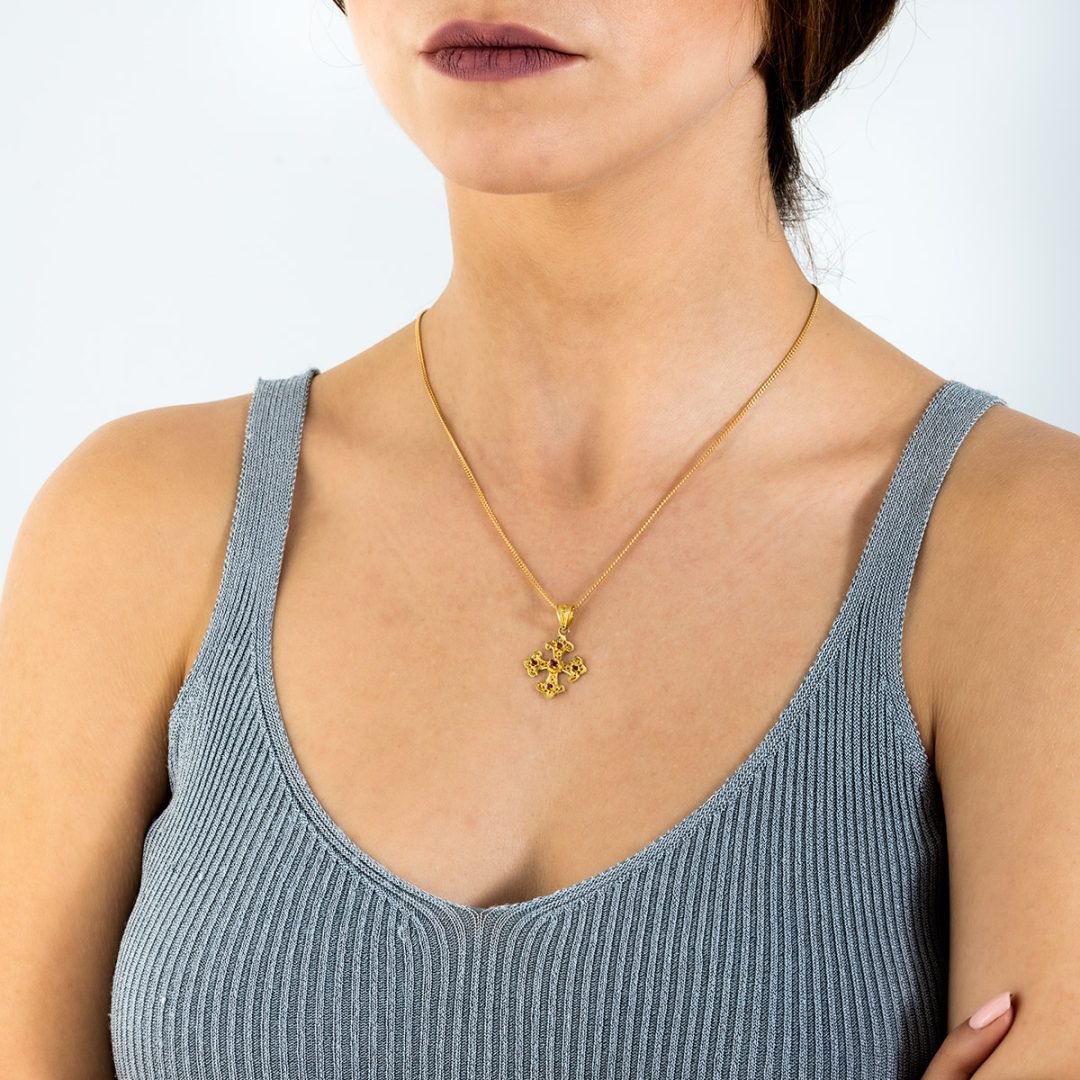 18K Solid Gold Filigree Cross Pendant with Gemstones