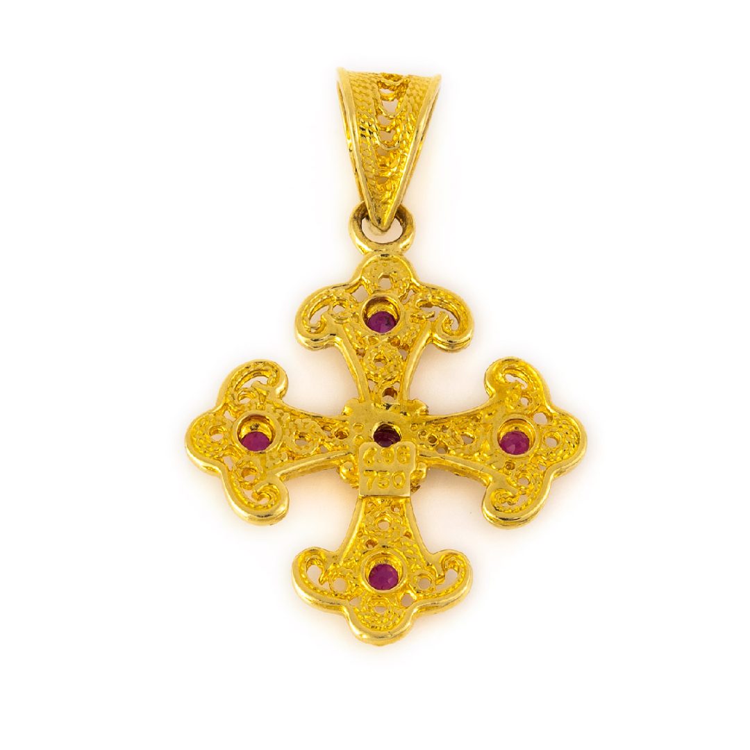 18K Solid Gold Filigree Cross Pendant with Gemstones
