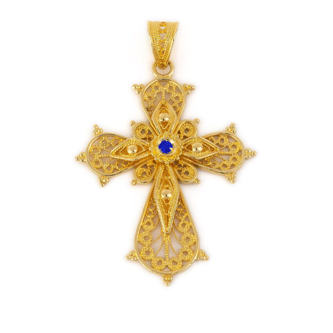 18K Gold Filigree Emerald Cross