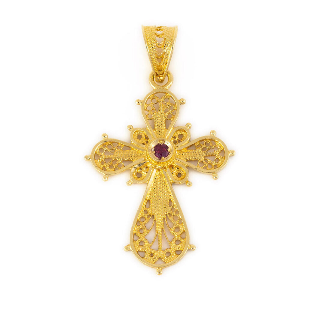 18K Gold Filigree Cross with Emerald
