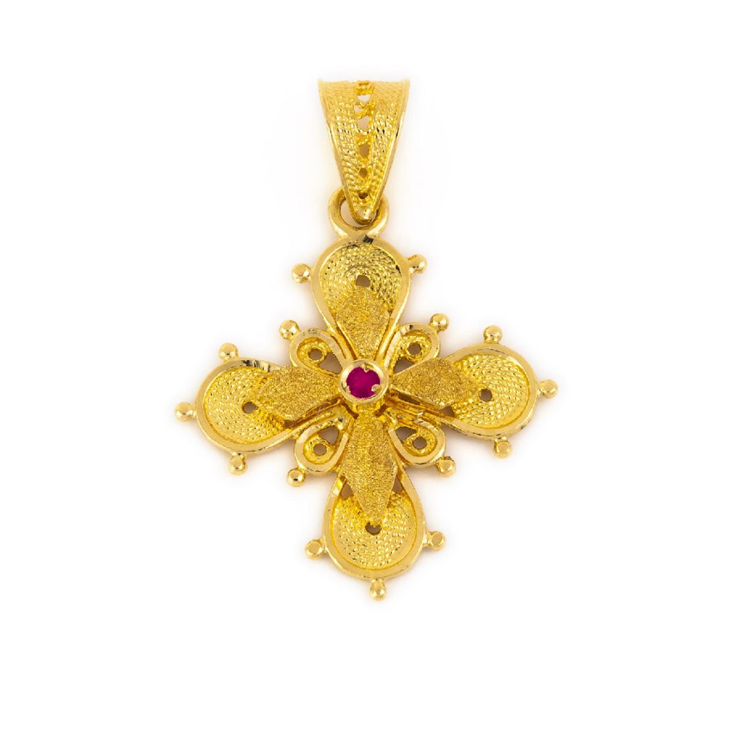 18K Gold Byzantine Filigree Emerald Cross