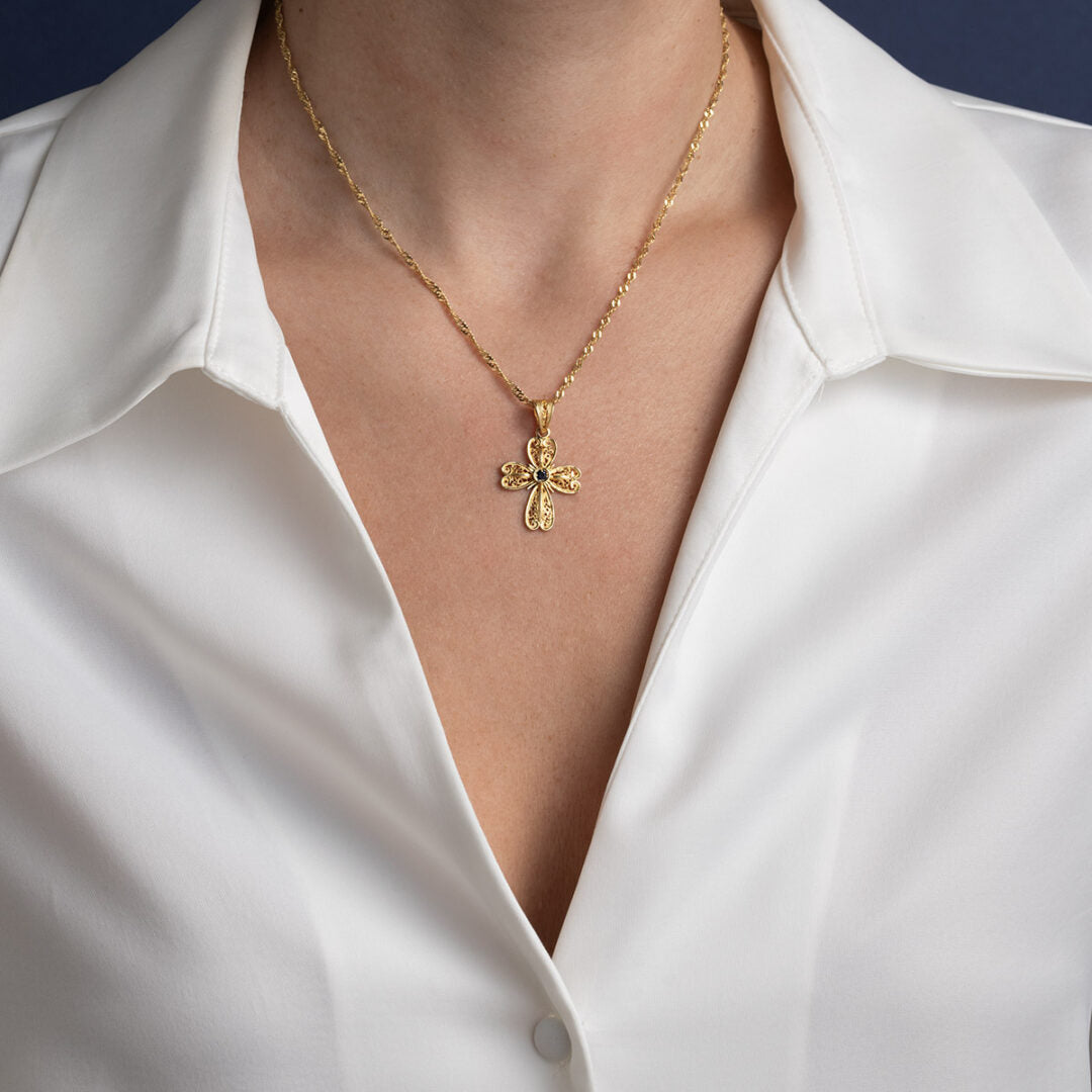 18K Gold Byzantine Filigree Ruby Cross