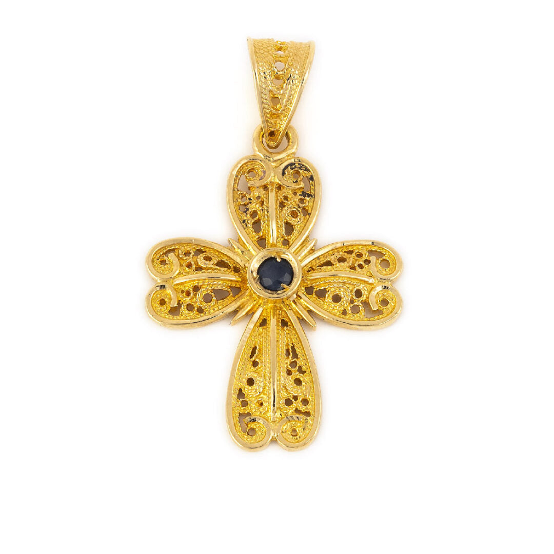 18K Gold Byzantine Filigree Ruby Cross
