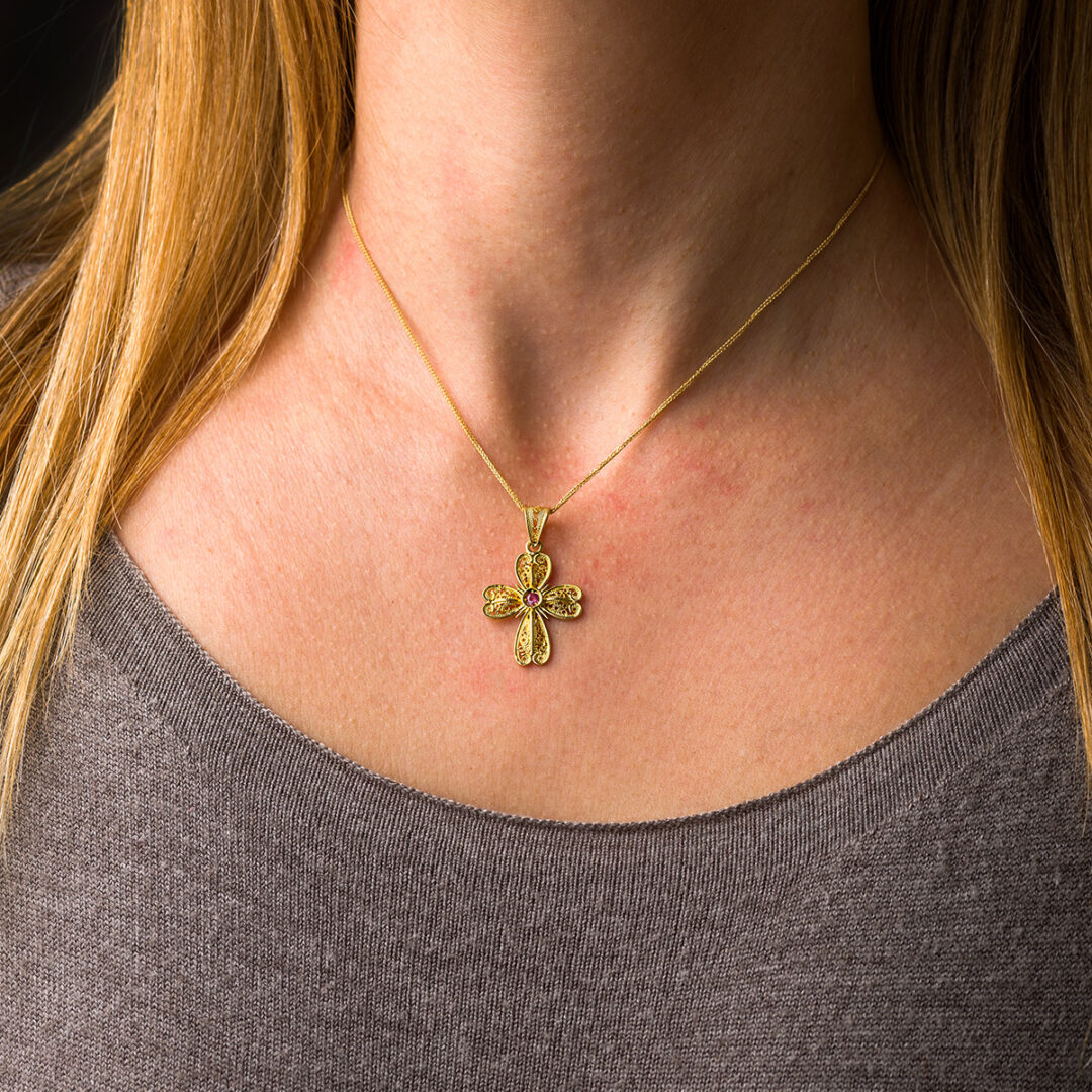 18K Gold Byzantine Filigree Ruby Cross