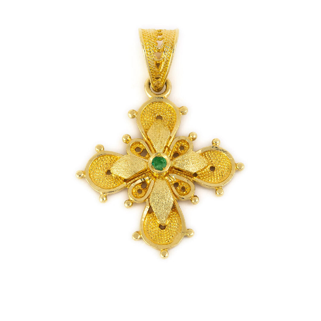 18K Gold Byzantine Filigree Emerald Cross