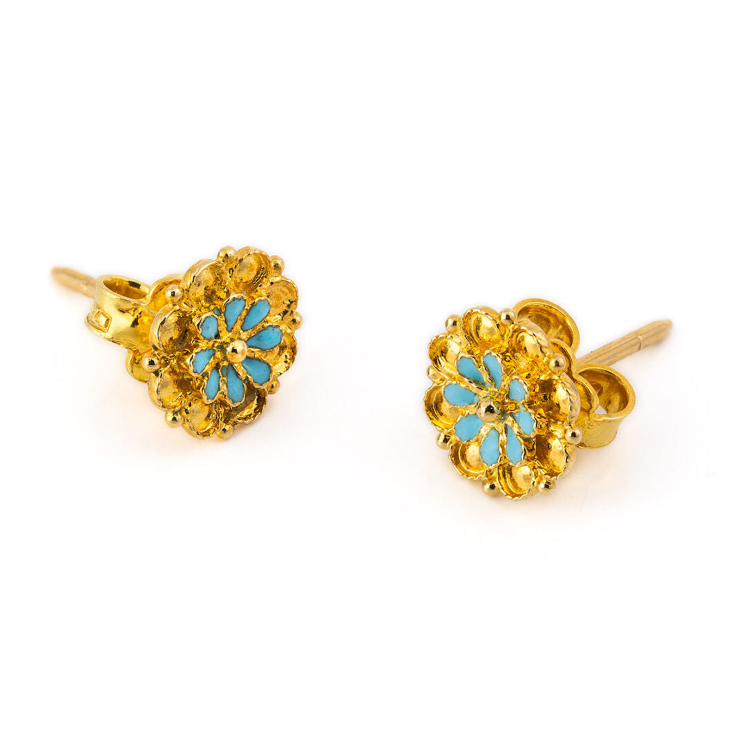 18K Gold Rosette Stud Earrings with Enamel — Turquoise