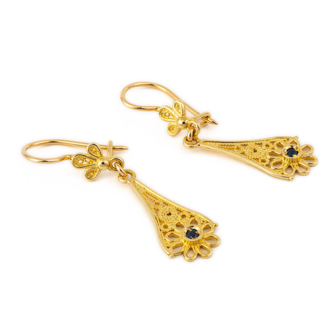 18K Gold Byzantine Filigree Sapphire Earrings